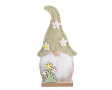 Dekofigur Wichtel mit Blumenhut 20cm Filz Holz Frühlingsdekoration Grün Weiß