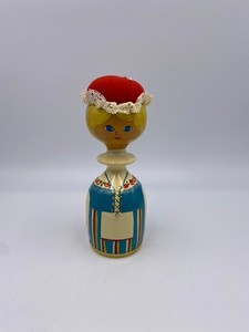 Vintage 7.5" Wooden Hand Painted Pin Cushion Doll Finland Style