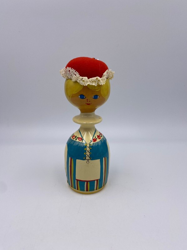 Vintage 7.5" Wooden Hand Painted Pin Cushion Doll Finland Style