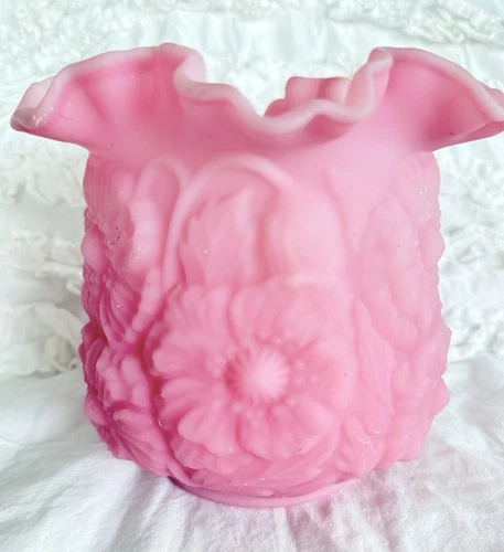 Fenton Rose Pink Satin Glass Poppy Vase Ruffle Edge