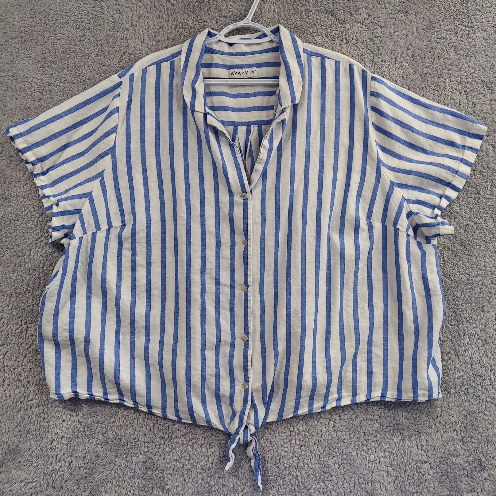 Ava &amp; Viv Striped Tie Front Shirt Women's 4X Blue White Linen Blend Short Sleeve