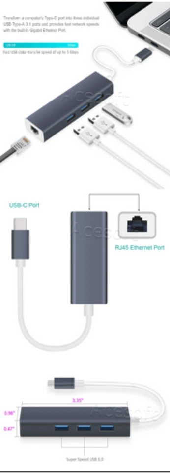 USB-C 3.1 Gigabit Ethernet LAN RJ45 1000Mbps Network Adapter 3-Port HUB PC Mac - Image 2 of 2