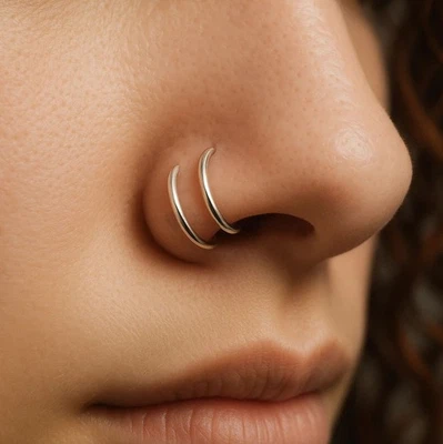 Silver 925 Sterling Silver Double Twisted Spiral Hoop Nose Ring 6mm - Image 1 of 4