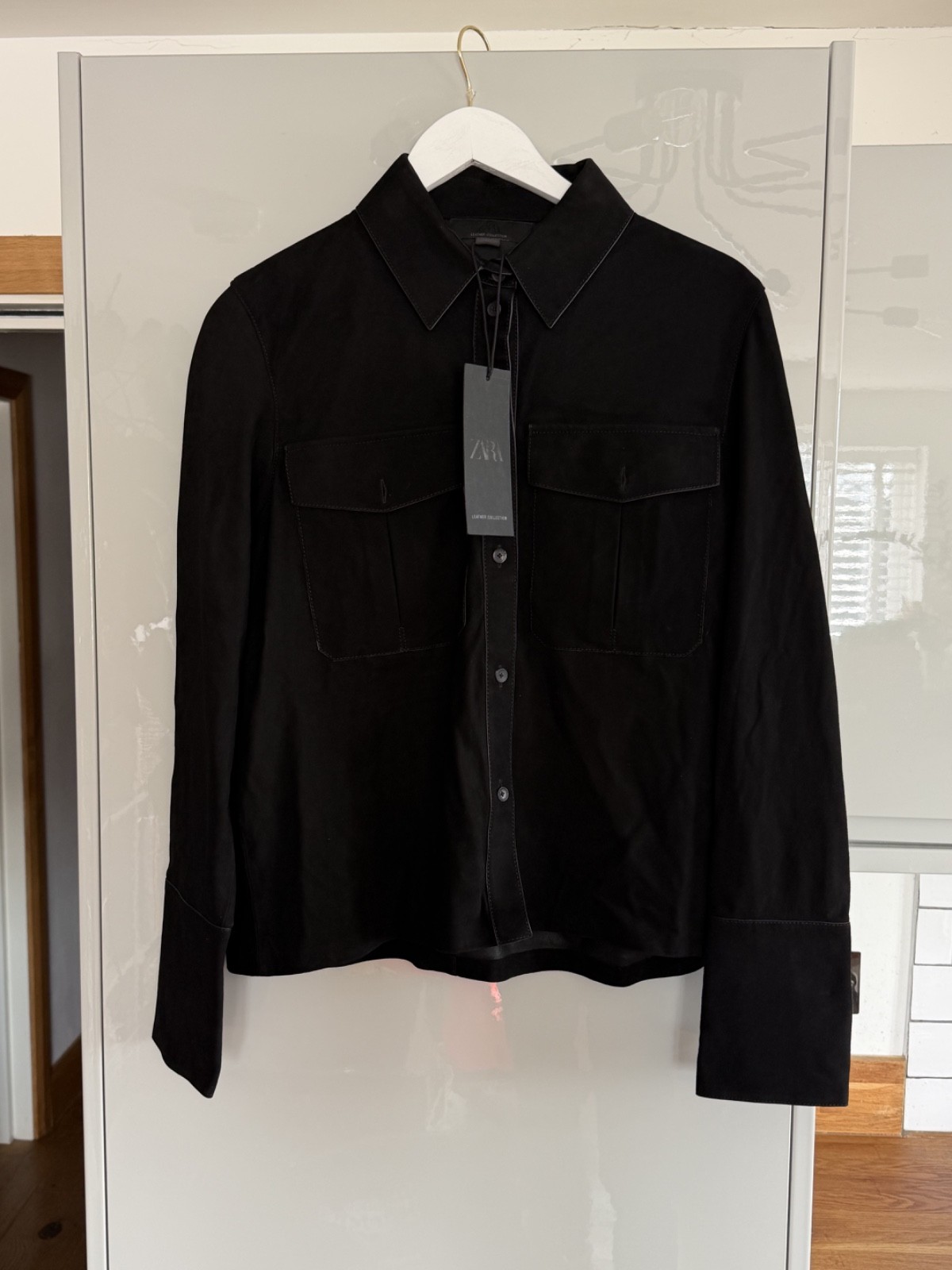 Zara 100percent Leather Suede Shirt Black Buttoned Womens size M Medium 5129/242 Rare image 6