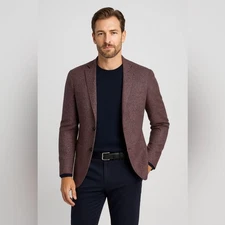 Sayki NEW Linen Blend Blazer Sport Coat 36 Slim Fit Patterned Jacket Burgundy