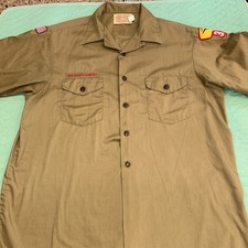 Boy Scout BSA UNIFORM SHIRT Mens Large Olive Short Sleeve Patches GUC
