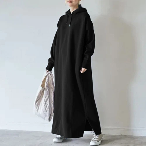 Womens Long Sleeve Fleece Hooded Sweatshirt Maxi Dress Loose Solid Hoodie Dress - Picture 14 of 21