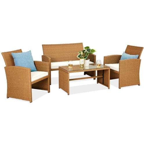 Natural 4-Piece Wicker Patio Conversation Set with Ivory Cushions, 4 Seats, Temp