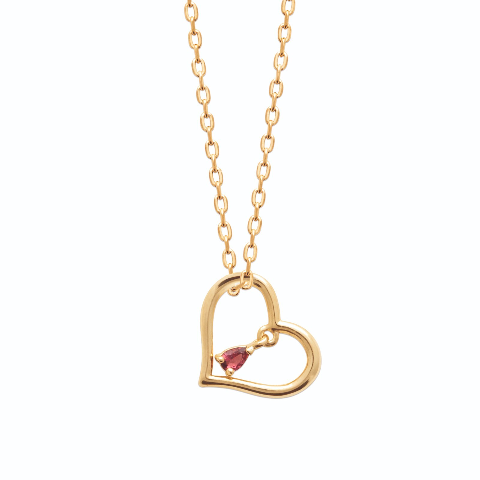 Collier Chaine en Plaqué Or avec Pendentif Coeur Ajouré et Pierre Zircon Rouge