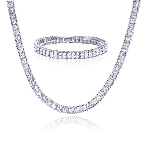 Men's Women's Silver Toned CZ Stoned 18" Tennis Chain & 8" 2 Row Bracelet  SET S - Picture 1 of 5