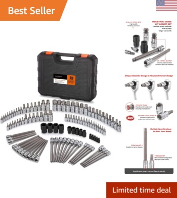 107-Piece Allen and Torx Bit Socket Set, 1/4'', 3/8'' and 1/2'' Drive Hex/Ball E...