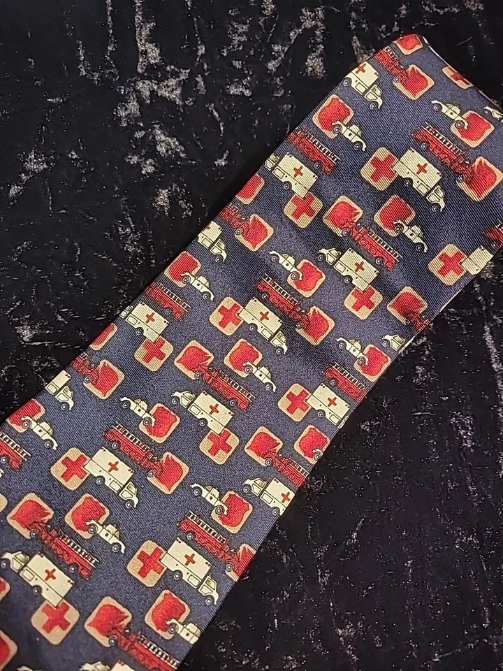 Vintage Tie Tree Mens Neck Tie Blue Red Ambulance Firefighter First Responder - Image 4 of 4