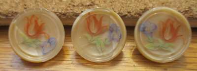 3 - Czech Glass Multicolored Flowers on Tan/Beige Cupped Buttons #87 21.59mm