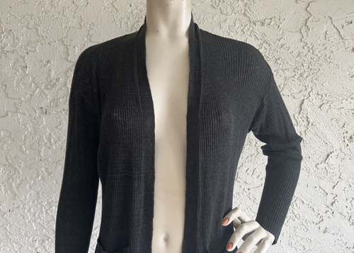 EILEEN FISHER Cardigan Sweater 100% Organic Linen Dark Gray Ribbed Size PM - Picture 4 of 8
