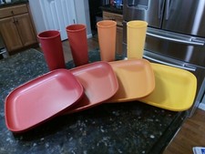 VTG Tupperware Luncheon Lunch Plates and Tumblers Lot Autumn Harvest 874 115 EUC