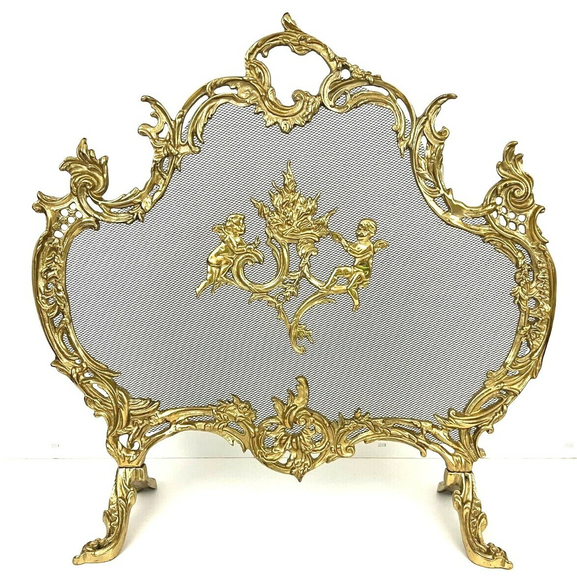 VTG Solid Brass French Rococo Cherubs Fireplace Screen Spark