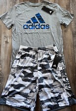 NWT Adidas Boys YMD Gray/White/Blue Camouflage Shorts Set Medium