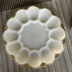 Vintage Anchor Hocking Deviled Egg/Oyster Plate Milk Glass Gold Rim 12 Eggs MCM