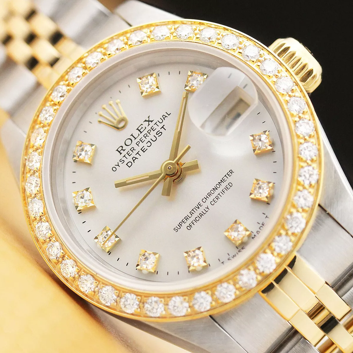 LADIES ROLEX DATEJUST FACTORY DIAMOND TWO TONE 18K YELLOW GOLD STEEL WATCH