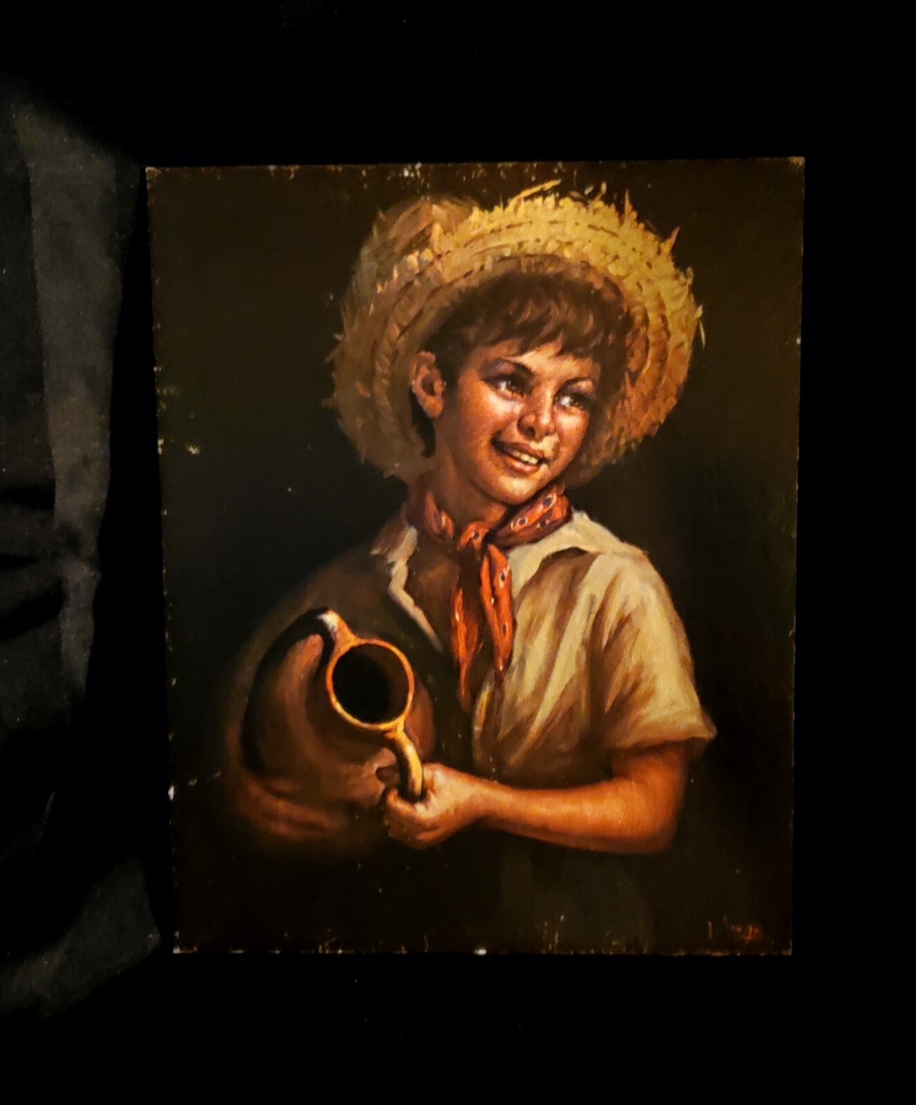 Vintage Lithograph print on textured board “Country Boy” by Tovine 8” x