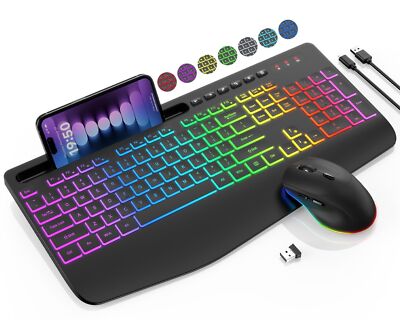 Wireless Keyboard and Mouse Combo, 9 Backlit Effects, Wrist Rest, Phone Holde...