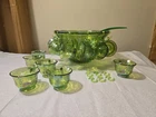 Vtg Indiana Harvest Grape Carnival Glass Iridescent Green Punch Bowl Set w Hooks