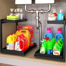 Under Kitchen Sink Organizer, 2 Packs 2 Tier Black Steel under Sink Storage