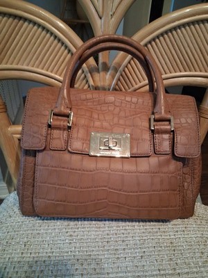 Michael Kors Medium Tan Brown Croco Leather Satchel Top Handles.