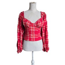 Free People XS Cherry Bomb Madras Milkmaid Babydoll Plaid Crop Top Long Sleeve