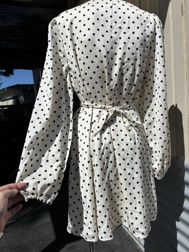 SAVEL Satin wrapdress polkadot black-and-white longsleeve size 12 - Picture 13 of 13