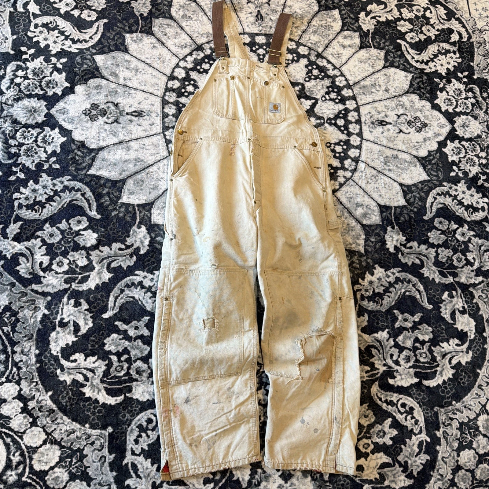 Vintage Carhartt Overalls RED Quilt Lined 38x30 Union Made USA Distressed Look