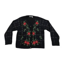 BP Design Vintage Sweater Women's XL Black Christmas Poinsettia Beaded Cardigan