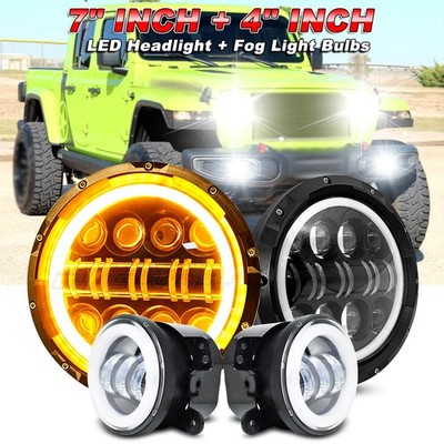 7'' LED Halo Headlights + 4'' Fog Light Fits Jeep JL Rubicon Sahara 2018-2020 2021