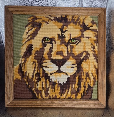 Vintage Embroidery Needlepoint Lion Portrait Wood Frame 1979