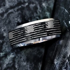 Silver Unisex Tungsten Distressed American Flag Patriotic Wedding Ring Band- 8mm