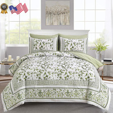 Floral King Size Comforter Set Sage Green Flowers on White Botanical Bedding Set