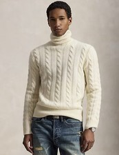  348 Polo Ralph Lauren Men  s Cable-Knit Wool-Cashmere Turtleneck Sweater Cream M