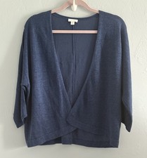 J Jill Womens LP Blue Long Sleeve Linen Blend Open Front Short Cardigan