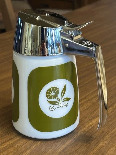 Vintage Milk Glass Sugar Dispenser Inc. Santa Barbara CA Green Flowers Avocado