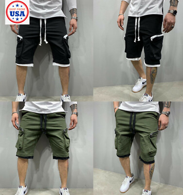 #ad #ad Men#x27;s Casual Zipper Pocket Lang Cargo Shorts Sport Pants Workout Fitness Joggers $21.99