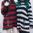 Striped Gothic Sweaters Women Ripped Holes Loose Long Knitted Pullover Jumpers
