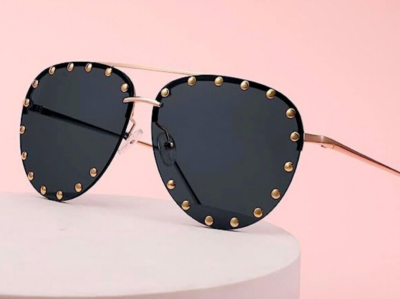 Gold Studded Aviator Trendy Gold Frame Black Oversized Women 
