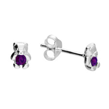 Teddy Bear Stud Earrings February Birthstone Crystal 925 Solid Sterling Silver