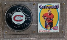 YVAN COURNOYER Signed MONTREAL PUCK & CARD DISPLAY HOF