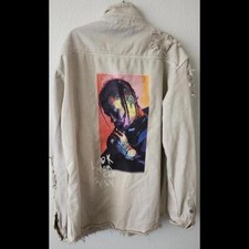 Victorious XL Distressed Denim Jacket with Artwork