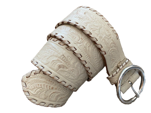 Lauren Ralph Lauren Belt Ivory Embossed Leather Floral Whip Stitched Size Large