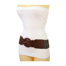 Women Brown Color Faux Leather Elastic Distressed Fabric Belt Hip Waist Size S M