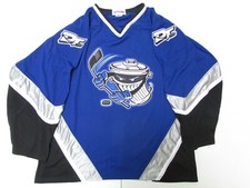 DANBURY TRASHERS BLUE AK AUTHENTIC UHL HOCKEY JERSEY SIZE XL WITH FIGHT STRAP