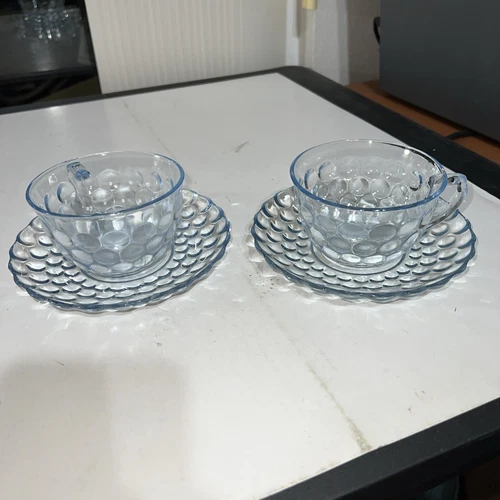 Vintage Anchor Hocking Depression Glass Blue Bubble 2- Cups & Saucers