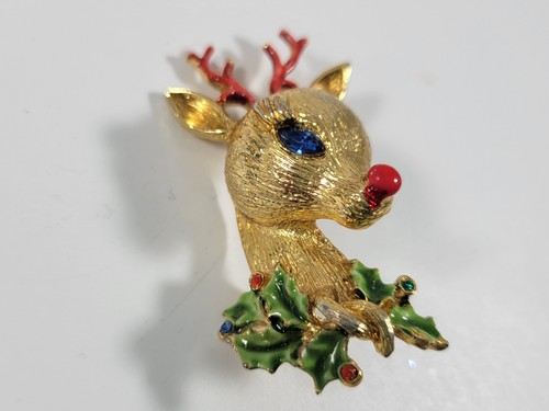 Vintage Gold Tone Marquis Rhinestone Reindeer Head Enamel Rudolph - Picture 2 of 3